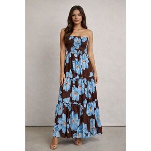 NWT ABEL THE LABEL Brown Blue Floral Smocked Strapless Tiered Maxi Dress - L